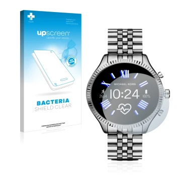 Parte frontal de un envase de producto con el logotipo de la marca upscreen. Al lado se muestra el dispositivo Michael Kors Ac