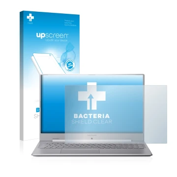 Parte frontal de un envase de producto con el logotipo de la marca upscreen. Al lado se muestra el dispositivo MEDION Akoya S1