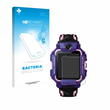 Parte frontal de un envase de producto con el logotipo de la marca upscreen. Al lado se muestra el dispositivo Imoo Watch Phon