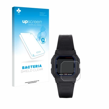 Parte frontal de un envase de producto con el logotipo de la marca upscreen. Al lado se muestra el dispositivo Casio W-800H-1A