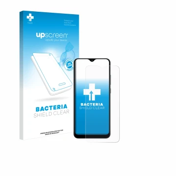 Parte frontal de un envase de producto con el logotipo de la marca upscreen. Al lado se muestra el dispositivo Samsung Galaxy 