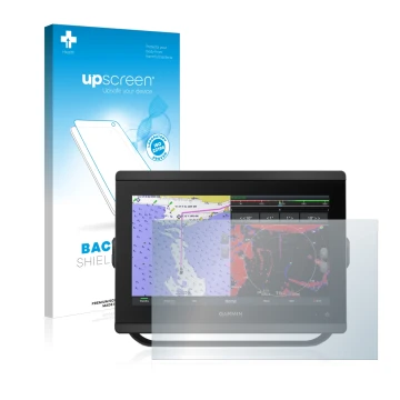 Parte frontal de un envase de producto con el logotipo de la marca upscreen. Al lado se muestra el dispositivo Garmin GPSMAP 8