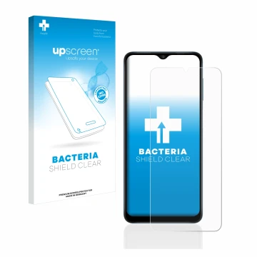 Parte frontal de un envase de producto con el logotipo de la marca upscreen. Al lado se muestra el dispositivo Samsung Galaxy 