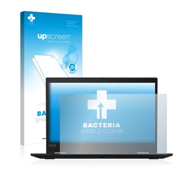 Parte frontal de un envase de producto con el logotipo de la marca upscreen. Al lado se muestra el dispositivo Lenovo ThinkPad