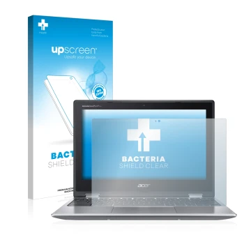 Parte frontal de un envase de producto con el logotipo de la marca upscreen. Al lado se muestra el dispositivo Acer Chromebook