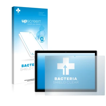 Parte frontal de un envase de producto con el logotipo de la marca upscreen. Al lado se muestra el dispositivo Teclast P20HD c