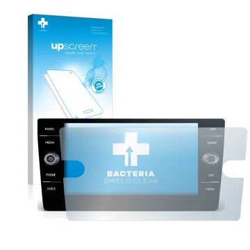 Parte frontal de un envase de producto con el logotipo de la marca upscreen. Al lado se muestra el dispositivo Volkswagen Pass