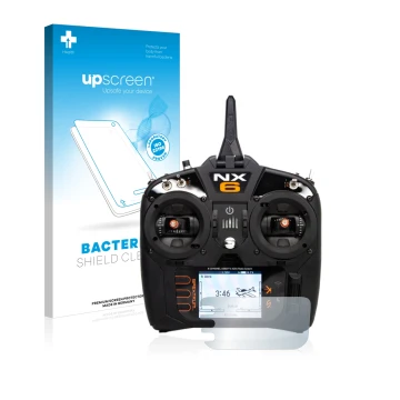 Parte frontal de un envase de producto con el logotipo de la marca upscreen. Al lado se muestra el dispositivo Spektrum NX6 co