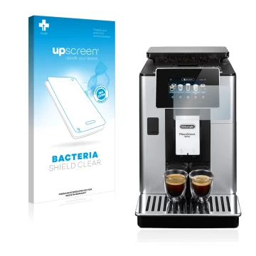 Parte frontal de un envase de producto con el logotipo de la marca upscreen. Al lado se muestra el dispositivo DeLonghi PrimaD