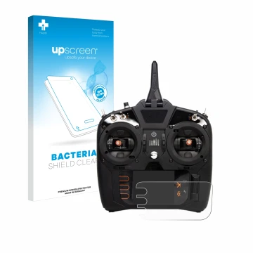 Parte frontal de un envase de producto con el logotipo de la marca upscreen. Al lado se muestra el dispositivo Spektrum NX8 co