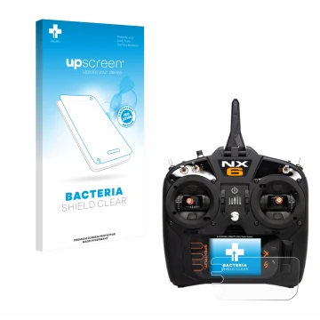 Parte frontal de un envase de producto con el logotipo de la marca upscreen. Al lado se muestra el dispositivo Spektrum NX10 c