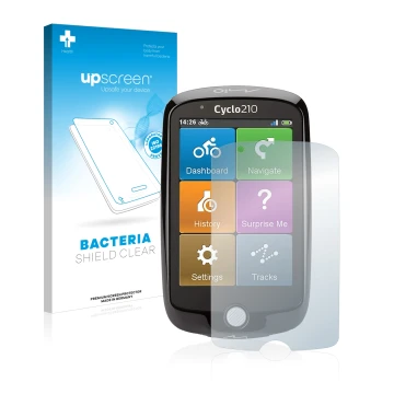 Parte frontal de un envase de producto con el logotipo de la marca upscreen. Al lado se muestra el dispositivo Mio Cyclo 210 c