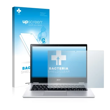 Parte frontal de un envase de producto con el logotipo de la marca upscreen. Al lado se muestra el dispositivo Acer Spin 3 SP3
