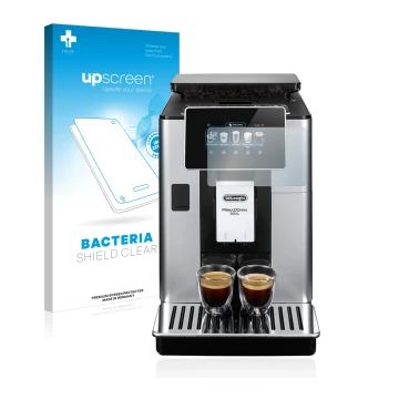 Parte frontal de un envase de producto con el logotipo de la marca upscreen. Al lado se muestra el dispositivo DeLonghi PrimaD