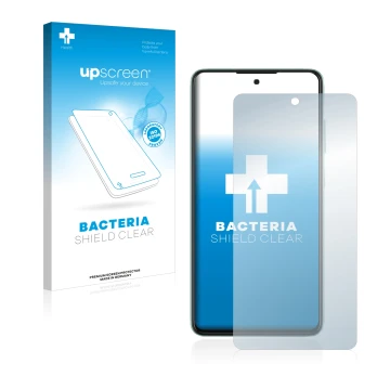 Parte frontal de un envase de producto con el logotipo de la marca upscreen. Al lado se muestra el dispositivo Samsung Galaxy 