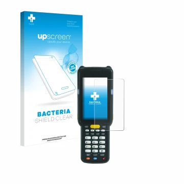 Parte frontal de un envase de producto con el logotipo de la marca upscreen. Al lado se muestra el dispositivo Zebra MC3300X c