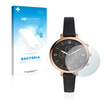 Parte frontal de un envase de producto con el logotipo de la marca upscreen. Al lado se muestra el dispositivo Fossil Monroe H
