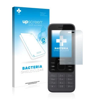 Parte frontal de un envase de producto con el logotipo de la marca upscreen. Al lado se muestra el dispositivo Nokia 6300 2020