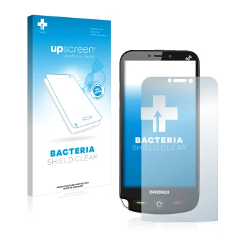 Parte frontal de un envase de producto con el logotipo de la marca upscreen. Al lado se muestra el dispositivo Brondi Amico Du