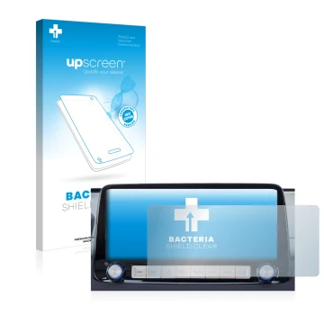 Parte frontal de un envase de producto con el logotipo de la marca upscreen. Al lado se muestra el dispositivo Hyundai Kona 20