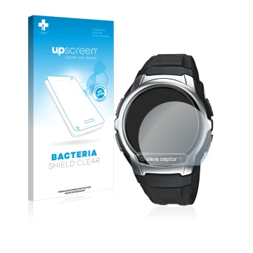 Parte frontal de un envase de producto con el logotipo de la marca upscreen. Al lado se muestra el dispositivo Casio Wave Cept