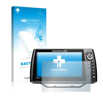 Parte frontal de un envase de producto con el logotipo de la marca upscreen. Al lado se muestra el dispositivo Humminbird Heli