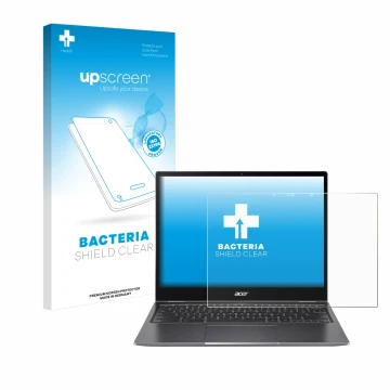 Parte frontal de un envase de producto con el logotipo de la marca upscreen. Al lado se muestra el dispositivo Acer Chromebook