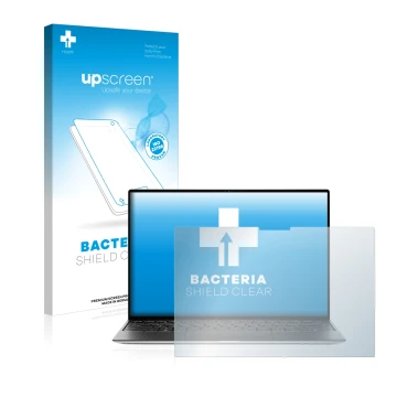 Parte frontal de un envase de producto con el logotipo de la marca upscreen. Al lado se muestra el dispositivo Dell XPS 13 931