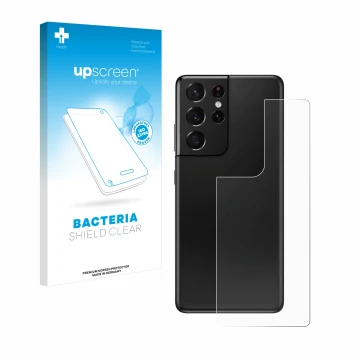 Parte frontal de un envase de producto con el logotipo de la marca upscreen. Al lado se muestra el dispositivo Samsung Galaxy 