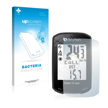Parte frontal de un envase de producto con el logotipo de la marca upscreen. Al lado se muestra el dispositivo Bryton Rider 15