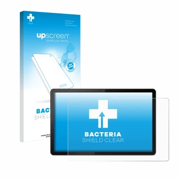 Parte frontal de un envase de producto con el logotipo de la marca upscreen. Al lado se muestra el dispositivo Lenovo Tab P11 