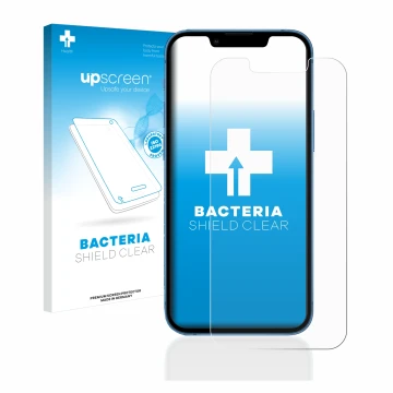 Parte frontal de un envase de producto con el logotipo de la marca upscreen. Al lado se muestra el dispositivo Apple iPhone 13