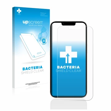 Parte frontal de un envase de producto con el logotipo de la marca upscreen. Al lado se muestra el dispositivo Apple iPhone 13