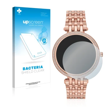 Parte frontal de un envase de producto con el logotipo de la marca upscreen. Al lado se muestra el dispositivo Michael Kors Ac