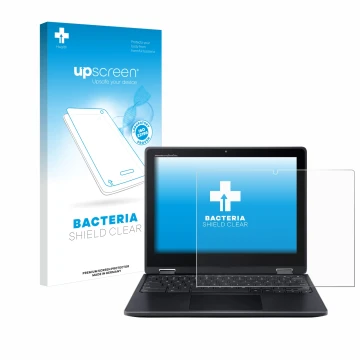 Parte frontal de un envase de producto con el logotipo de la marca upscreen. Al lado se muestra el dispositivo Acer Chromebook
