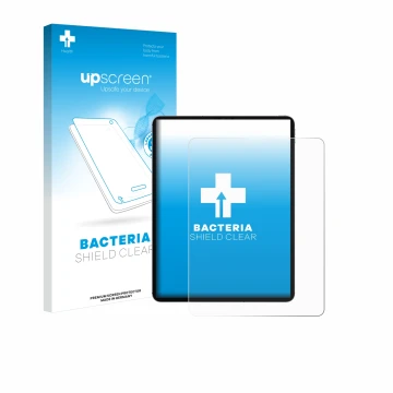 Parte frontal de un envase de producto con el logotipo de la marca upscreen. Al lado se muestra el dispositivo Apple iPad Pro 