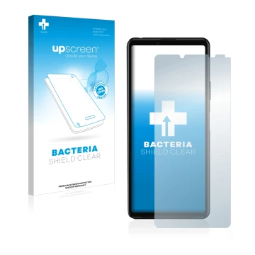 Parte frontal de un envase de producto con el logotipo de la marca upscreen. Al lado se muestra el dispositivo Sony Xperia 10 