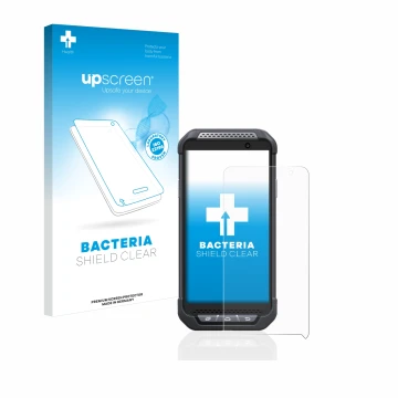 Parte frontal de un envase de producto con el logotipo de la marca upscreen. Al lado se muestra el dispositivo Point Mobile PM