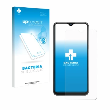 Parte frontal de un envase de producto con el logotipo de la marca upscreen. Al lado se muestra el dispositivo Blackview A80s 