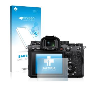 Parte frontal de un envase de producto con el logotipo de la marca upscreen. Al lado se muestra el dispositivo Sony Alpha 1 co