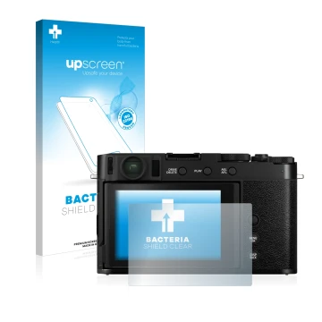 Parte frontal de un envase de producto con el logotipo de la marca upscreen. Al lado se muestra el dispositivo Fujifilm X-E4 c