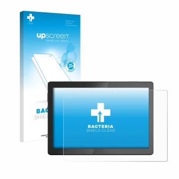 Parte frontal de un envase de producto con el logotipo de la marca upscreen. Al lado se muestra el dispositivo Lenovo Tab M10 