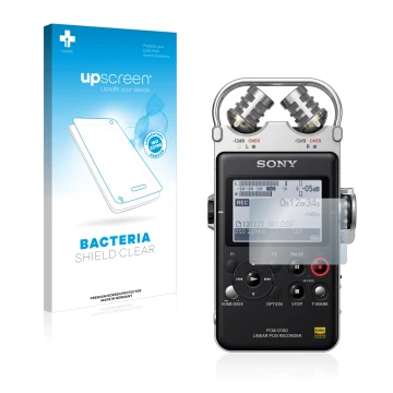 Parte frontal de un envase de producto con el logotipo de la marca upscreen. Al lado se muestra el dispositivo Sony PCM D100 c