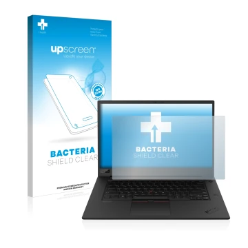 Parte frontal de un envase de producto con el logotipo de la marca upscreen. Al lado se muestra el dispositivo Lenovo ThinkPad