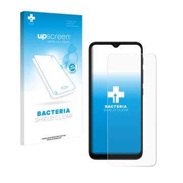 Parte frontal de un envase de producto con el logotipo de la marca upscreen. Al lado se muestra el dispositivo Motorola Moto G