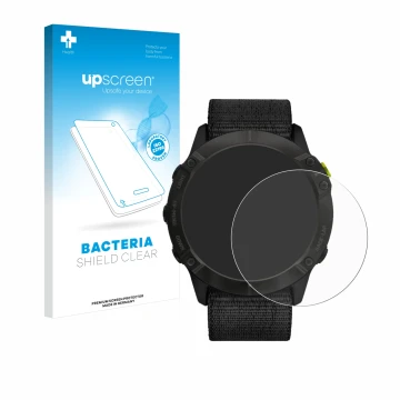 Parte frontal de un envase de producto con el logotipo de la marca upscreen. Al lado se muestra el dispositivo Garmin Enduro c