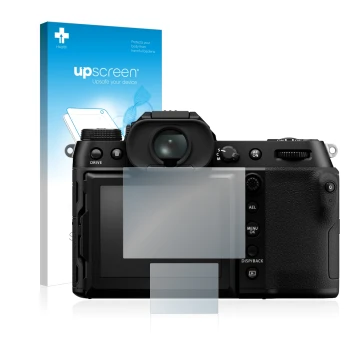 Parte frontal de un envase de producto con el logotipo de la marca upscreen. Al lado se muestra el dispositivo Fujifilm GFX100