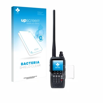 Parte frontal de un envase de producto con el logotipo de la marca upscreen. Al lado se muestra el dispositivo Yaesu FTA-550 c