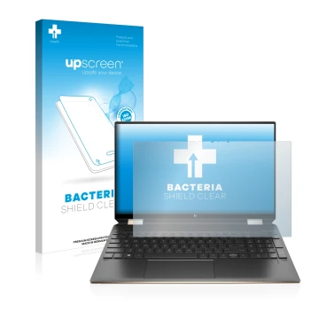 Parte frontal de un envase de producto con el logotipo de la marca upscreen. Al lado se muestra el dispositivo HP Spectre x360