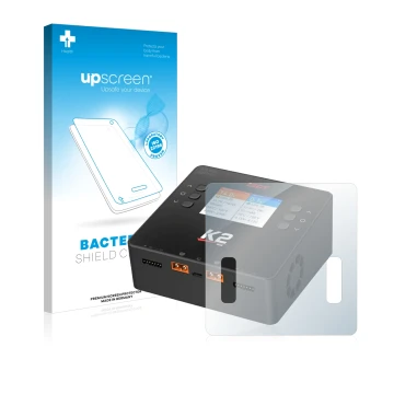 Parte frontal de un envase de producto con el logotipo de la marca upscreen. Al lado se muestra el dispositivo ISDT Smart Duo 